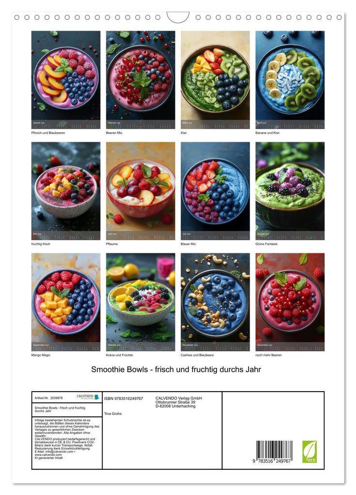 Weitere Ansicht: Smoothie Bowls - frisch und fruchtig durchs Jahr (Wandkalender 2026 DIN A3 hoch), CALVENDO Monatskalender | Tina Grohs, Calvendo