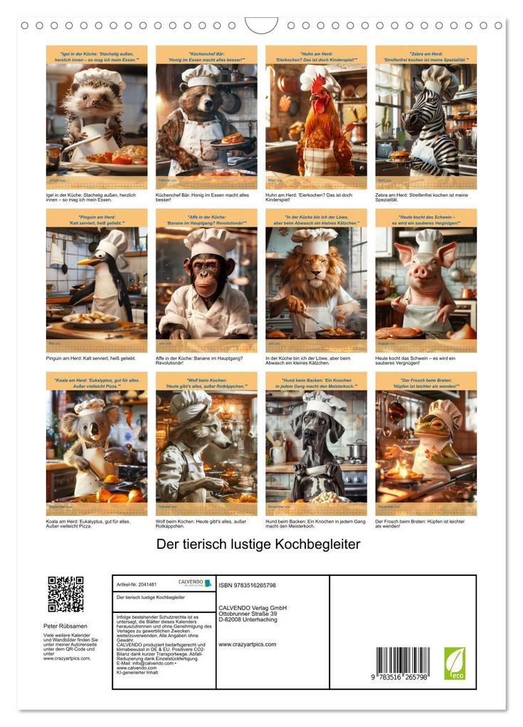 Weitere Ansicht: Der tierisch lustige Kochbegleiter (Wandkalender 2026 DIN A3 hoch), CALVENDO Monatskalender | Calvendo, Peter Rübsamen