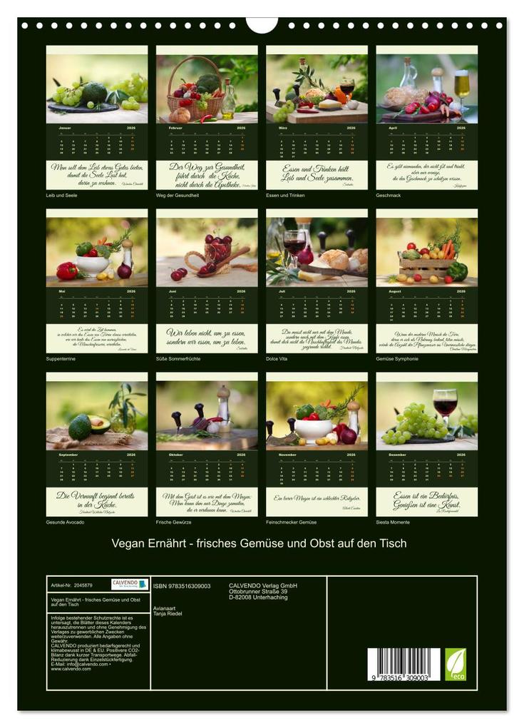 Weitere Ansicht: Vegan Ernährt - frisches Gemüse und Obst auf den Tisch (Wandkalender 2026 DIN A3 hoch), CALVENDO Monatskalender | Calvendo