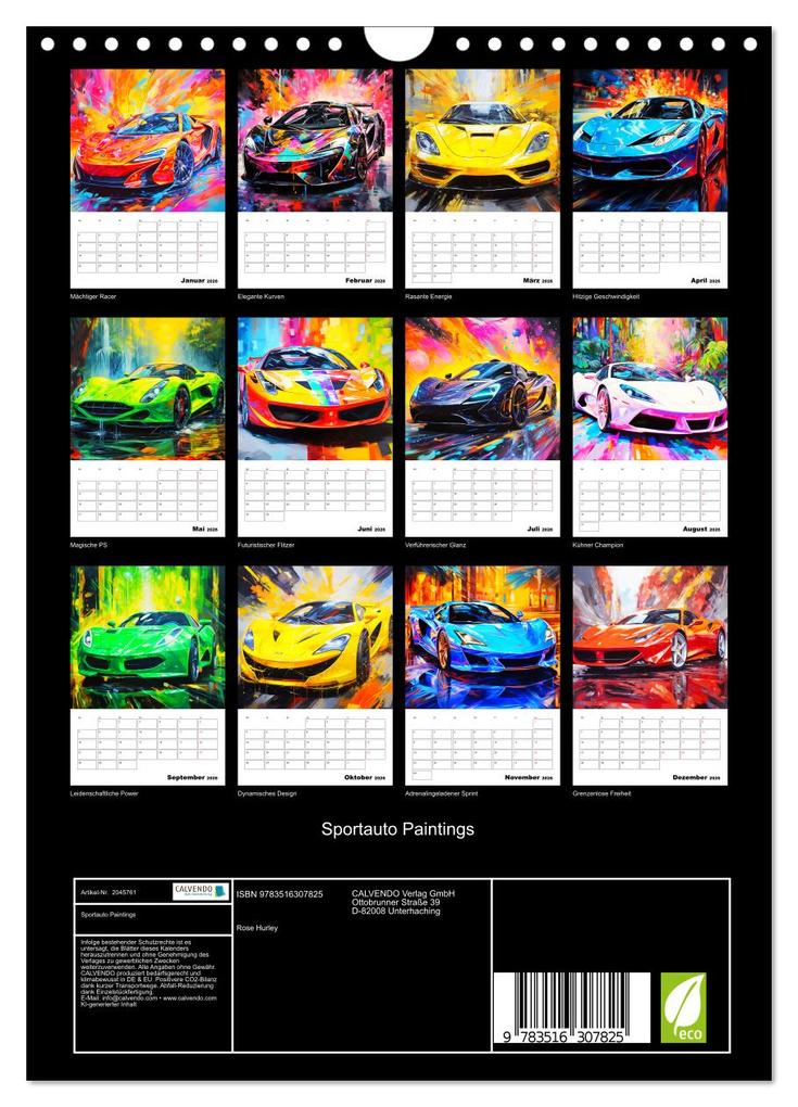 Weitere Ansicht: Sportauto Paintings (Wandkalender 2026 DIN A4 hoch), CALVENDO Monatskalender | Rose Hurley, Calvendo