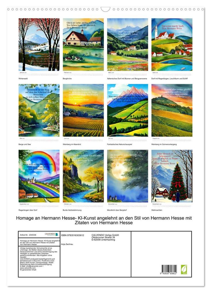 Weitere Ansicht: Homage an Hermann Hesse- KI-Kunst angelehnt an den Stil von Hermann Hesse mit Zitaten von Hermann Hesse (Wandkalender 2026 DIN A2 hoch), CALVENDO Monatskalender | Anja Zachrau, Calvendo