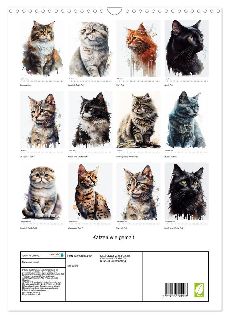 Weitere Ansicht: Katzen wie gemalt (Wandkalender 2026 DIN A3 hoch), CALVENDO Monatskalender | Calvendo, Tina Grohs
