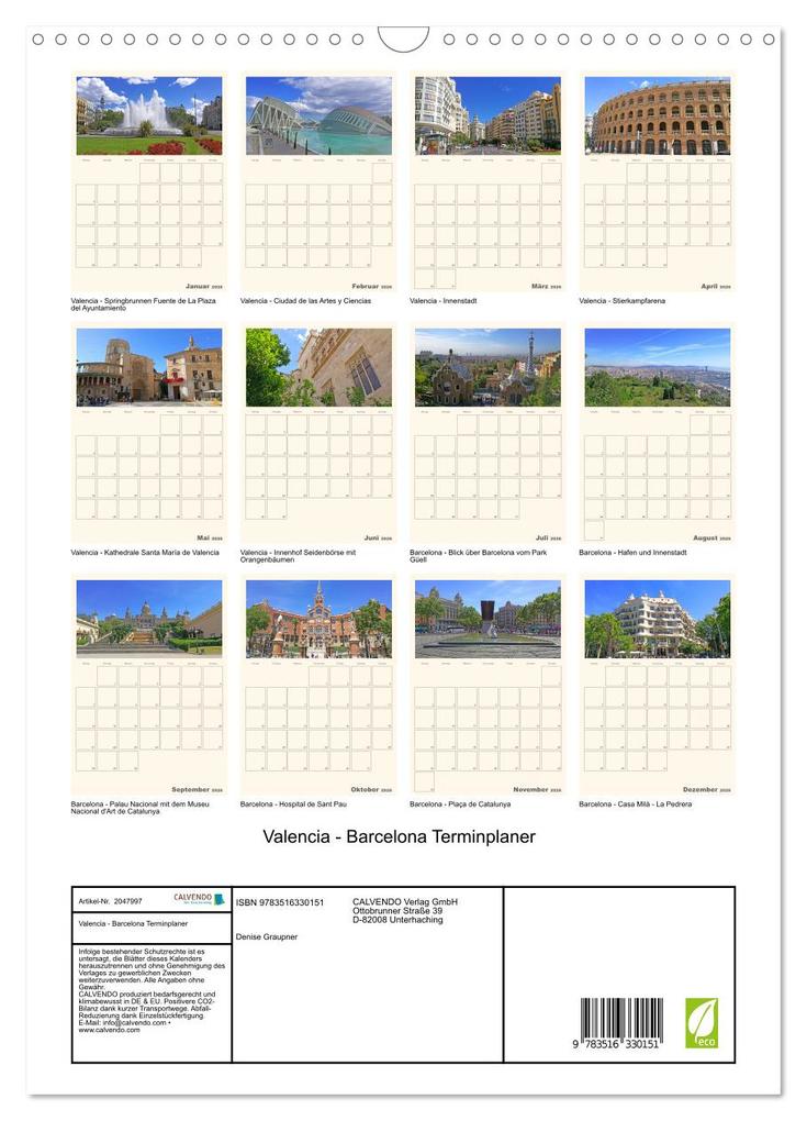 Weitere Ansicht: Valencia - Barcelona Terminplaner (Wandkalender 2026 DIN A3 hoch), CALVENDO Monatskalender | Denise Graupner, Calvendo