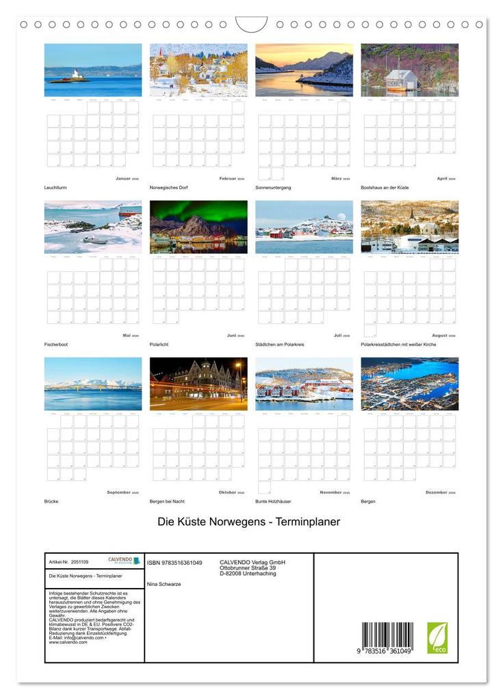 Weitere Ansicht: Die Küste Norwegens - Terminplaner (Wandkalender 2026 DIN A3 hoch), CALVENDO Monatskalender | Nina Schwarze, Calvendo