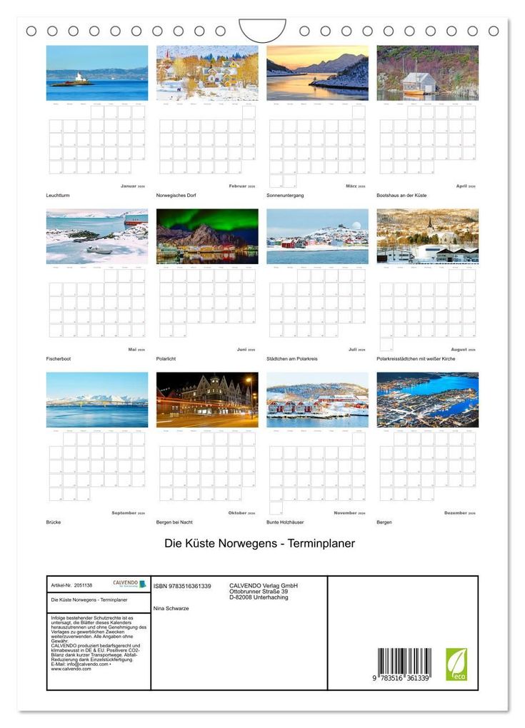Weitere Ansicht: Die Küste Norwegens - Terminplaner (Wandkalender 2026 DIN A4 hoch), CALVENDO Monatskalender | Nina Schwarze, Calvendo