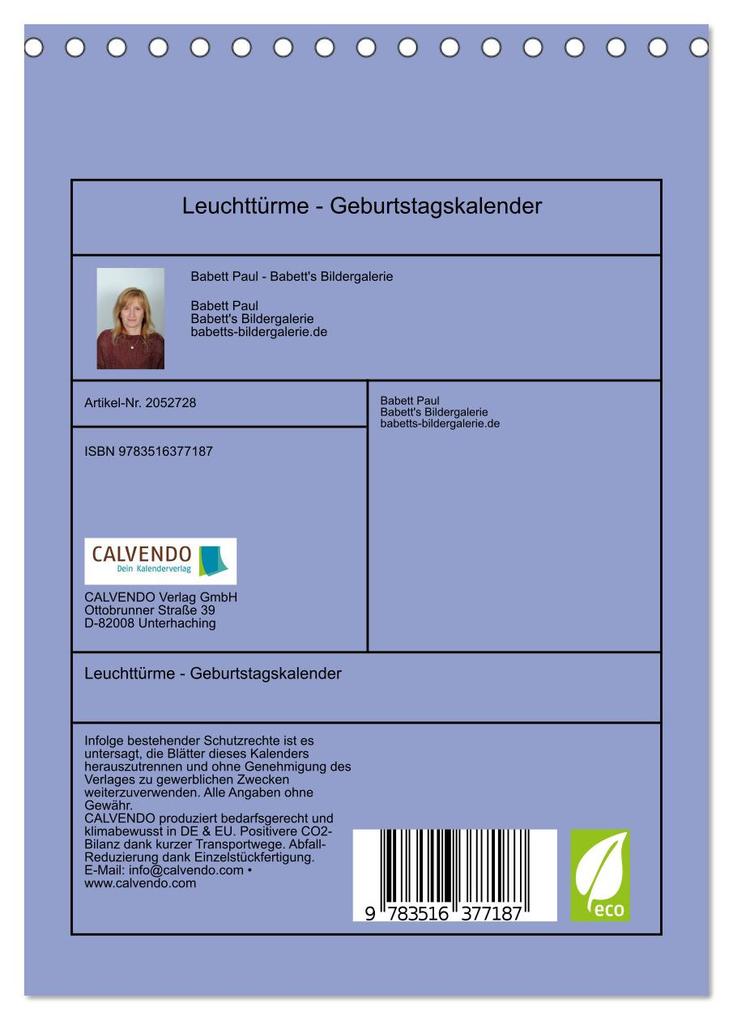 Weitere Ansicht: Leuchttürme - Geburtstagskalender (Tischkalender 2026 DIN A5 hoch), CALVENDO Monatskalender | Babett Paul - Babett's Bildergalerie, Calvendo