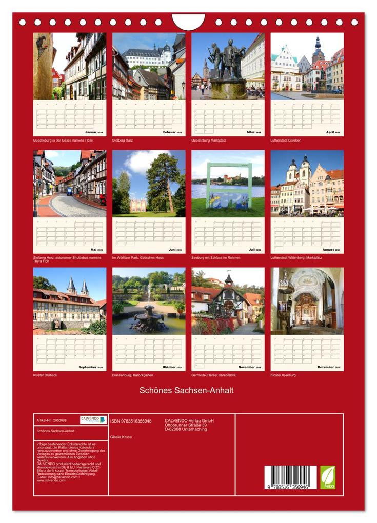 Weitere Ansicht: Schönes Sachsen-Anhalt (Wandkalender 2026 DIN A4 hoch), CALVENDO Monatskalender | Gisela Kruse, Calvendo