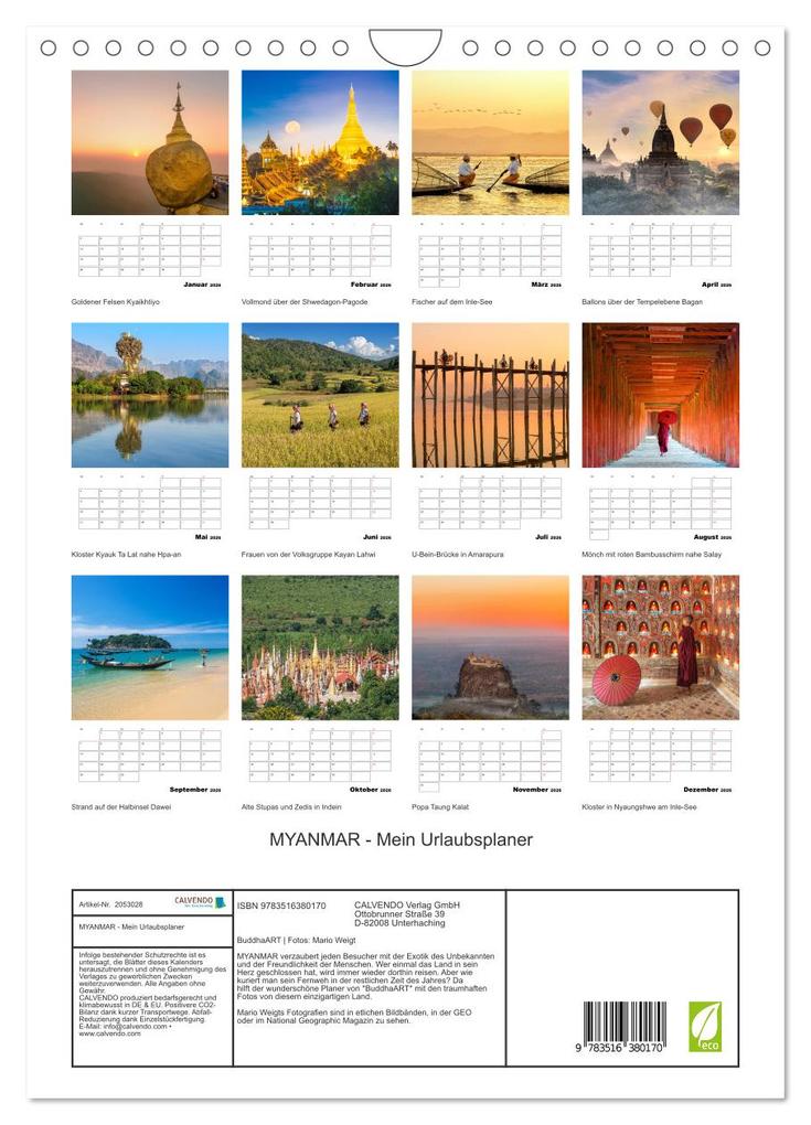 Weitere Ansicht: MYANMAR - Mein Urlaubsplaner (Wandkalender 2026 DIN A4 hoch), CALVENDO Monatskalender | BuddhaART BuddhaART, Calvendo, BuddhaART