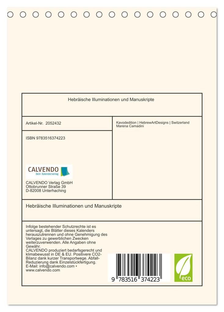 Weitere Ansicht: Hebräische Illuminationen und Manuskripte (Tischkalender 2026 DIN A5 hoch), CALVENDO Monatskalender | Kavodedition HebrewArtDesigns Switzerland Marena Camadini, Calvendo