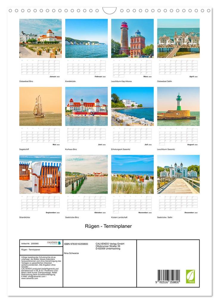 Weitere Ansicht: Rügen - Terminplaner (Wandkalender 2026 DIN A3 hoch), CALVENDO Monatskalender | Nina Schwarze, Calvendo