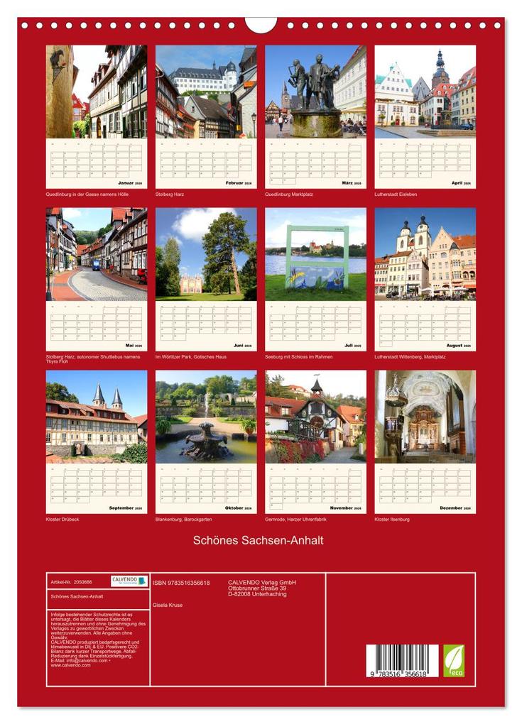 Weitere Ansicht: Schönes Sachsen-Anhalt (Wandkalender 2026 DIN A3 hoch), CALVENDO Monatskalender | Gisela Kruse, Calvendo