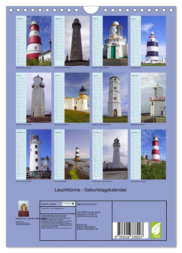 Weitere Ansicht: Leuchttürme - Geburtstagskalender (Wandkalender 2026 DIN A4 hoch), CALVENDO Monatskalender | Babett Paul - Babett's Bildergalerie, Calvendo