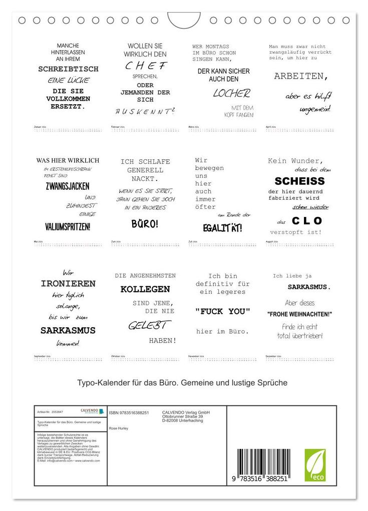 Weitere Ansicht: Typo-Kalender für das Büro. Gemeine und lustige Sprüche (Wandkalender 2026 DIN A4 hoch), CALVENDO Monatskalender | Rose Hurley, Calvendo