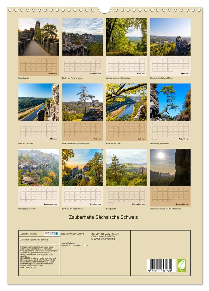 Weitere Ansicht: Zauberhafte Sächsische Schweiz (Wandkalender 2026 DIN A3 hoch), CALVENDO Monatskalender | Calvendo, Janita Webeler