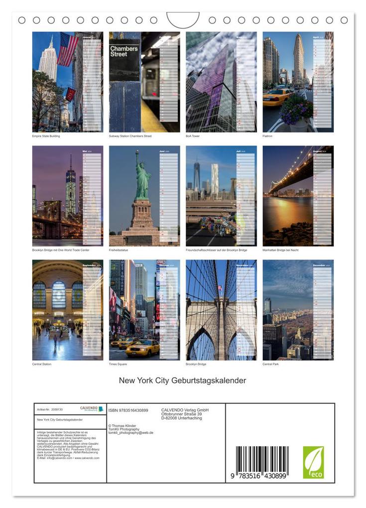 Weitere Ansicht: New York City Geburtstagskalender (Wandkalender 2026 DIN A4 hoch), CALVENDO Monatskalender | Thomas Klinder, Calvendo