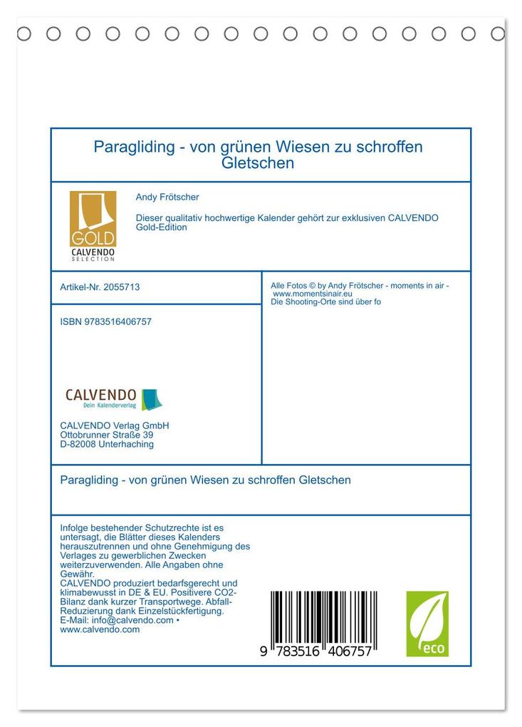 Weitere Ansicht: Paragliding - von grünen Wiesen zu schroffen Gletschen (Tischkalender 2026 DIN A5 hoch), CALVENDO Monatskalender | Andy Frötscher, Calvendo