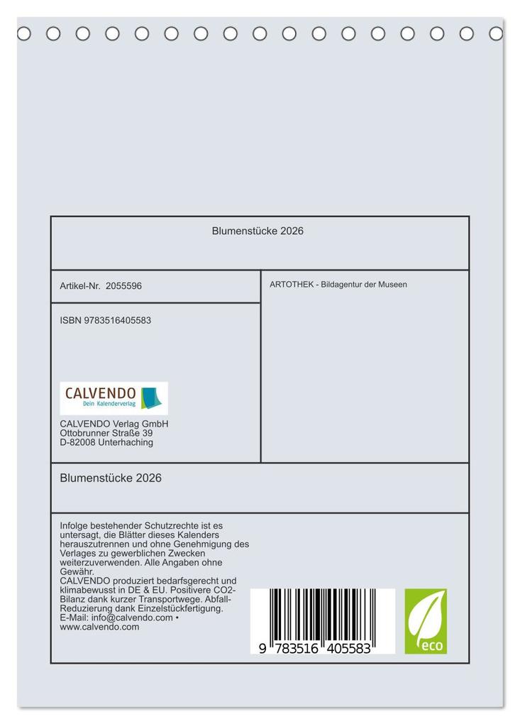 Weitere Ansicht: Blumenstücke 2026 (Tischkalender 2026 DIN A5 hoch), CALVENDO Monatskalender | ARTOTHEK - Bildagentur der Museen, Calvendo