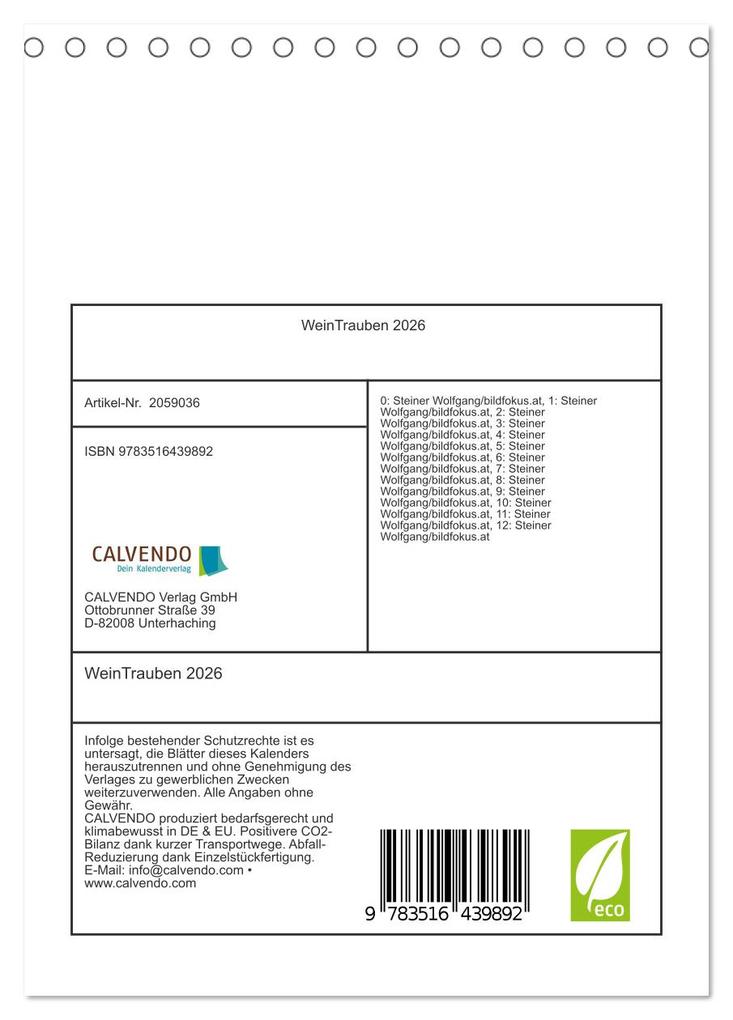 Weitere Ansicht: WeinTrauben 2026 (Tischkalender 2026 DIN A5 hoch), CALVENDO Monatskalender | Calvendo, Wolfgang Steiner