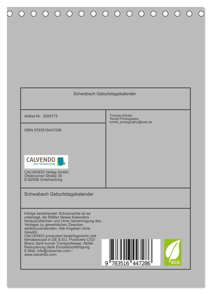 Weitere Ansicht: Schwabach Geburtstagskalender (Tischkalender 2026 DIN A5 hoch), CALVENDO Monatskalender | Calvendo, Thomas Klinder