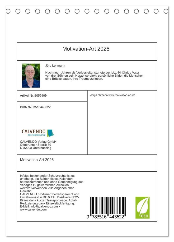 Weitere Ansicht: Motivation-Art 2026 (Tischkalender 2026 DIN A5 hoch), CALVENDO Monatskalender | Calvendo, Jörg Lehmann