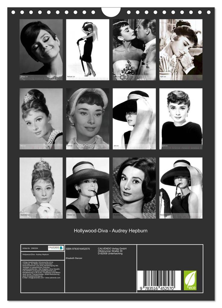 Weitere Ansicht: Hollywood-Diva - Audrey Hepburn (Wandkalender 2026 DIN A4 hoch), CALVENDO Monatskalender | Elisabeth Stanzer, Calvendo