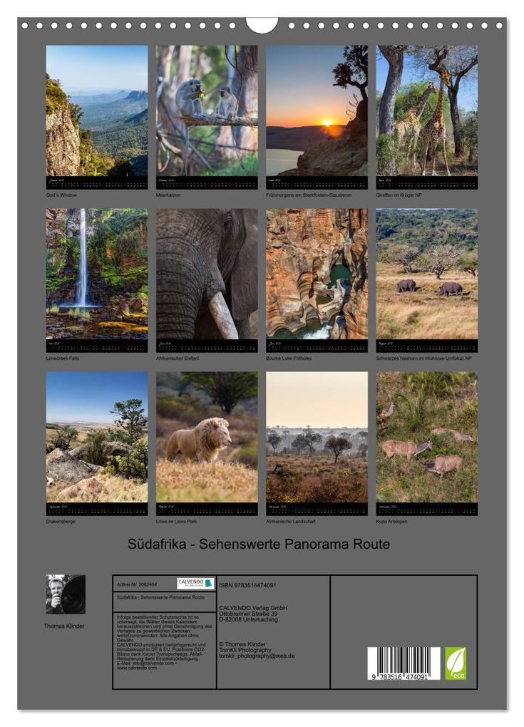 Weitere Ansicht: Südafrika - Sehenswerte Panorama Route (Wandkalender 2026 DIN A3 hoch), CALVENDO Monatskalender | Thomas Klinder, Calvendo