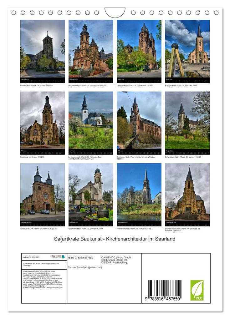 Weitere Ansicht: Sa(ar)krale Baukunst - Kirchenarchitektur im Saarland (Wandkalender 2026 DIN A4 hoch), CALVENDO Monatskalender | Thomas Bartruff, Calvendo