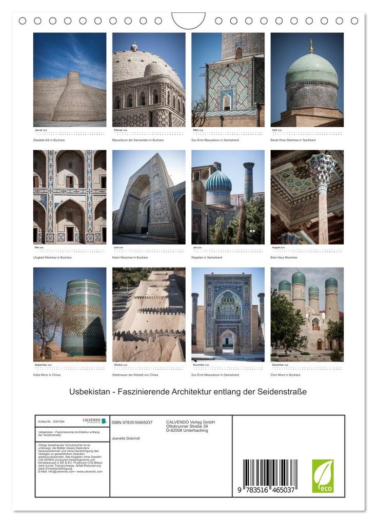 Weitere Ansicht: Usbekistan - Faszinierende Architektur entlang der Seidenstraße (Wandkalender 2026 DIN A4 hoch), CALVENDO Monatskalender | Jeanette Dobrindt, Calvendo