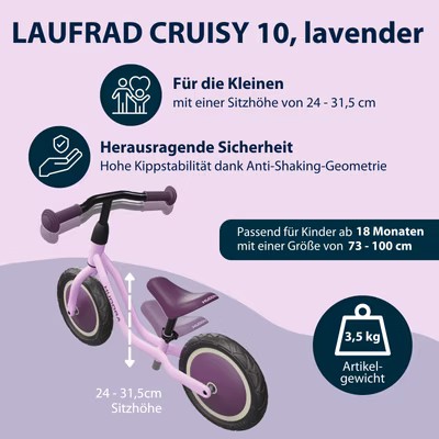 Weitere Ansicht: HUDORA 10921 - Laufrad Cruisy 10" lavender, für Kinder von 73-100 cm, Sitzhöhe: 24-31,5 cm