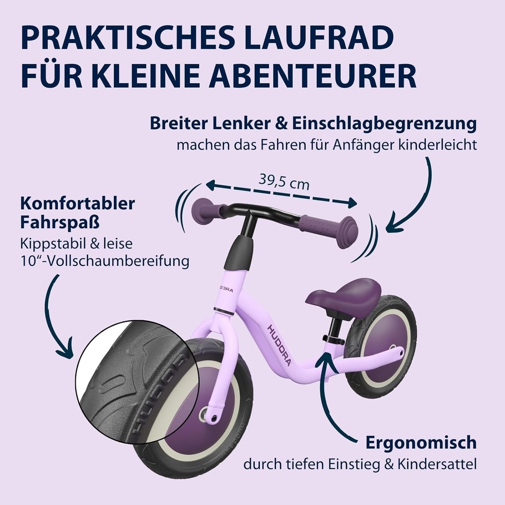 Weitere Ansicht: HUDORA 10921 - Laufrad Cruisy 10" lavender, für Kinder von 73-100 cm, Sitzhöhe: 24-31,5 cm