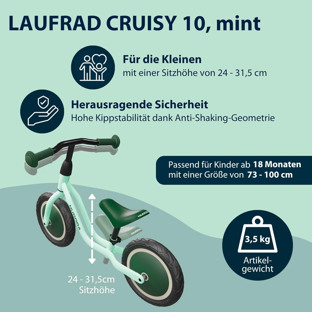 Weitere Ansicht: HUDORA 10922 - Laufrad Cruisy 10" mint, für Kinder von 78-100 cm, Sitzhöhe: 24-31,5 cm