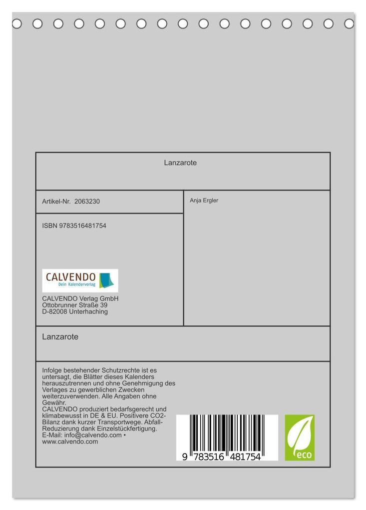 Weitere Ansicht: Lanzarote (Tischkalender 2026 DIN A5 hoch), CALVENDO Monatskalender | Calvendo, Anja Ergler