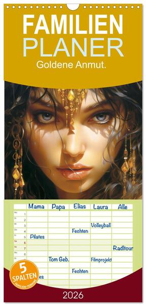 Produktbild: Familienplaner 2026 - Goldene Anmut. Verträumt, sinnlich und verführerisch mit 5 Spalten (Wandkalender, 21 x 45 cm) CALVENDO | Rose Hurley, Calvendo