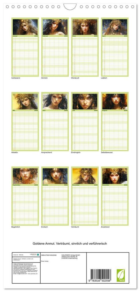 Weitere Ansicht: Familienplaner 2026 - Goldene Anmut. Verträumt, sinnlich und verführerisch mit 5 Spalten (Wandkalender, 21 x 45 cm) CALVENDO | Rose Hurley, Calvendo
