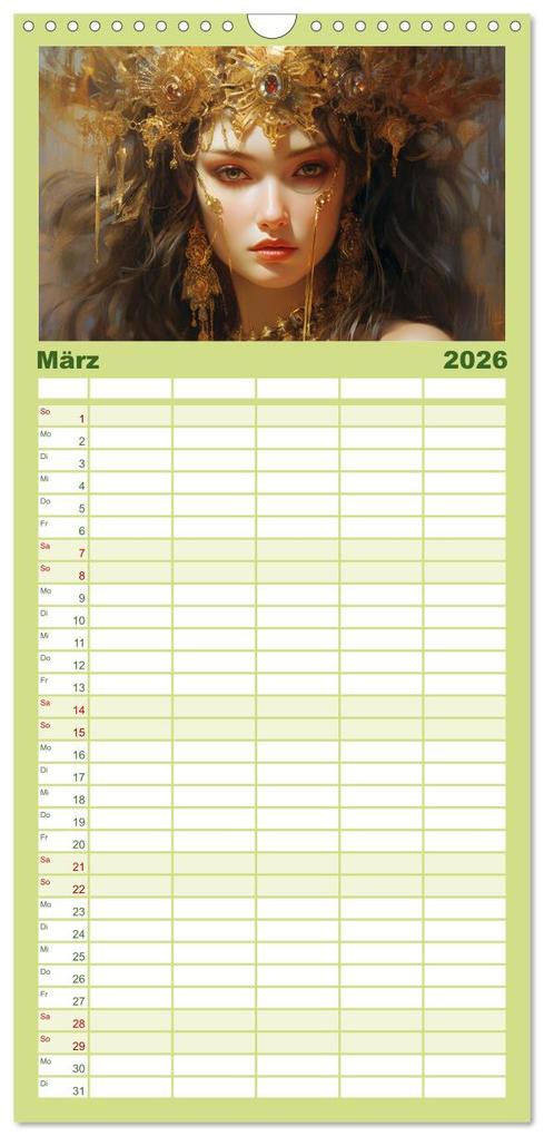 Weitere Ansicht: Familienplaner 2026 - Goldene Anmut. Verträumt, sinnlich und verführerisch mit 5 Spalten (Wandkalender, 21 x 45 cm) CALVENDO | Rose Hurley, Calvendo