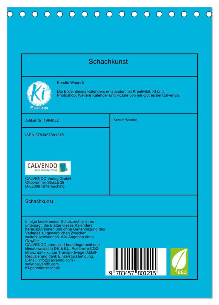 Weitere Ansicht: Schachkunst (Tischkalender 2026 DIN A5 hoch), CALVENDO Monatskalender | Kerstin Waurick, Calvendo