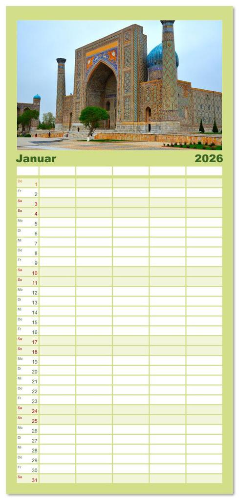 Weitere Ansicht: Familienplaner 2026 - Usbekistan, Perlen der Seidenstraße mit 5 Spalten (Wandkalender, 21 x 45 cm) CALVENDO | Calvendo, Ralf Mock