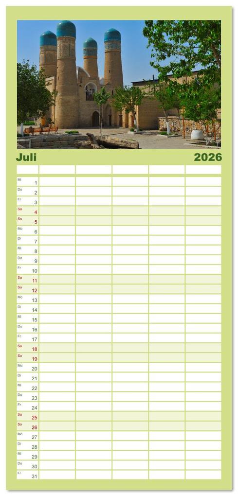 Weitere Ansicht: Familienplaner 2026 - Usbekistan, Perlen der Seidenstraße mit 5 Spalten (Wandkalender, 21 x 45 cm) CALVENDO | Calvendo, Ralf Mock