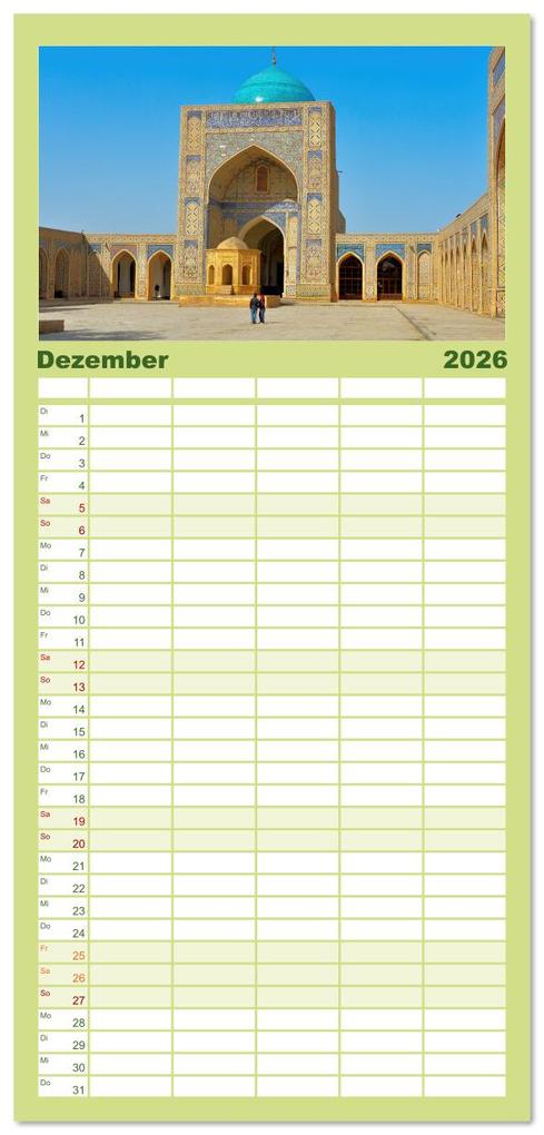 Weitere Ansicht: Familienplaner 2026 - Usbekistan, Perlen der Seidenstraße mit 5 Spalten (Wandkalender, 21 x 45 cm) CALVENDO | Calvendo, Ralf Mock