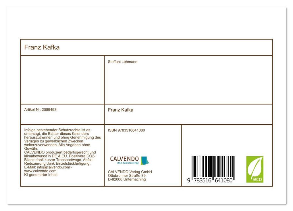 Weitere Ansicht: Franz Kafka (Tischkalender 2026 DIN A5 quer), CALVENDO Monatskalender | Steffani Lehmann, Calvendo