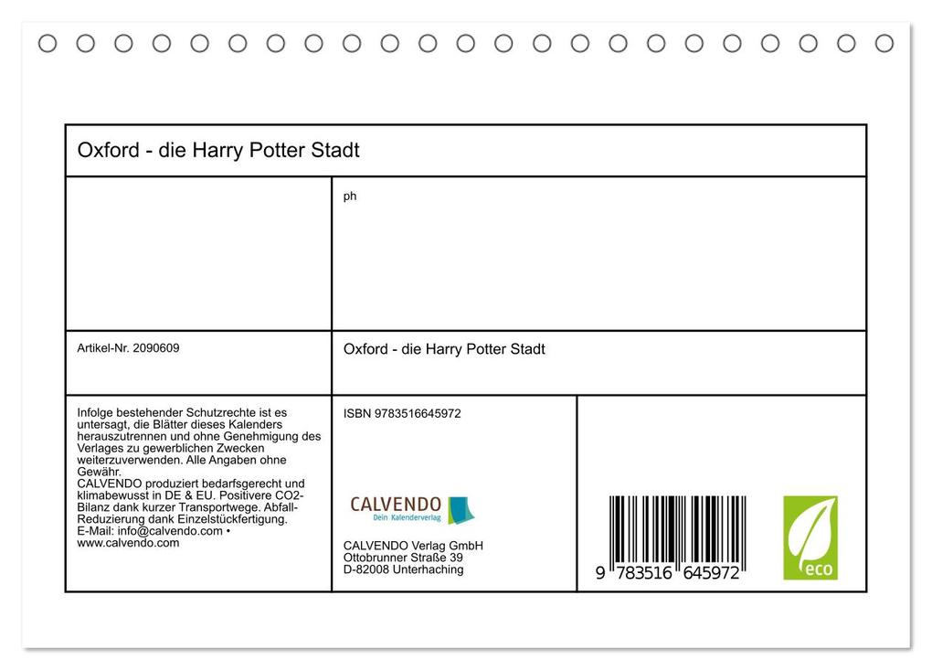 Weitere Ansicht: Oxford - die Harry Potter Stadt (Tischkalender 2026 DIN A5 quer), CALVENDO Monatskalender | ph ph, Calvendo, ph