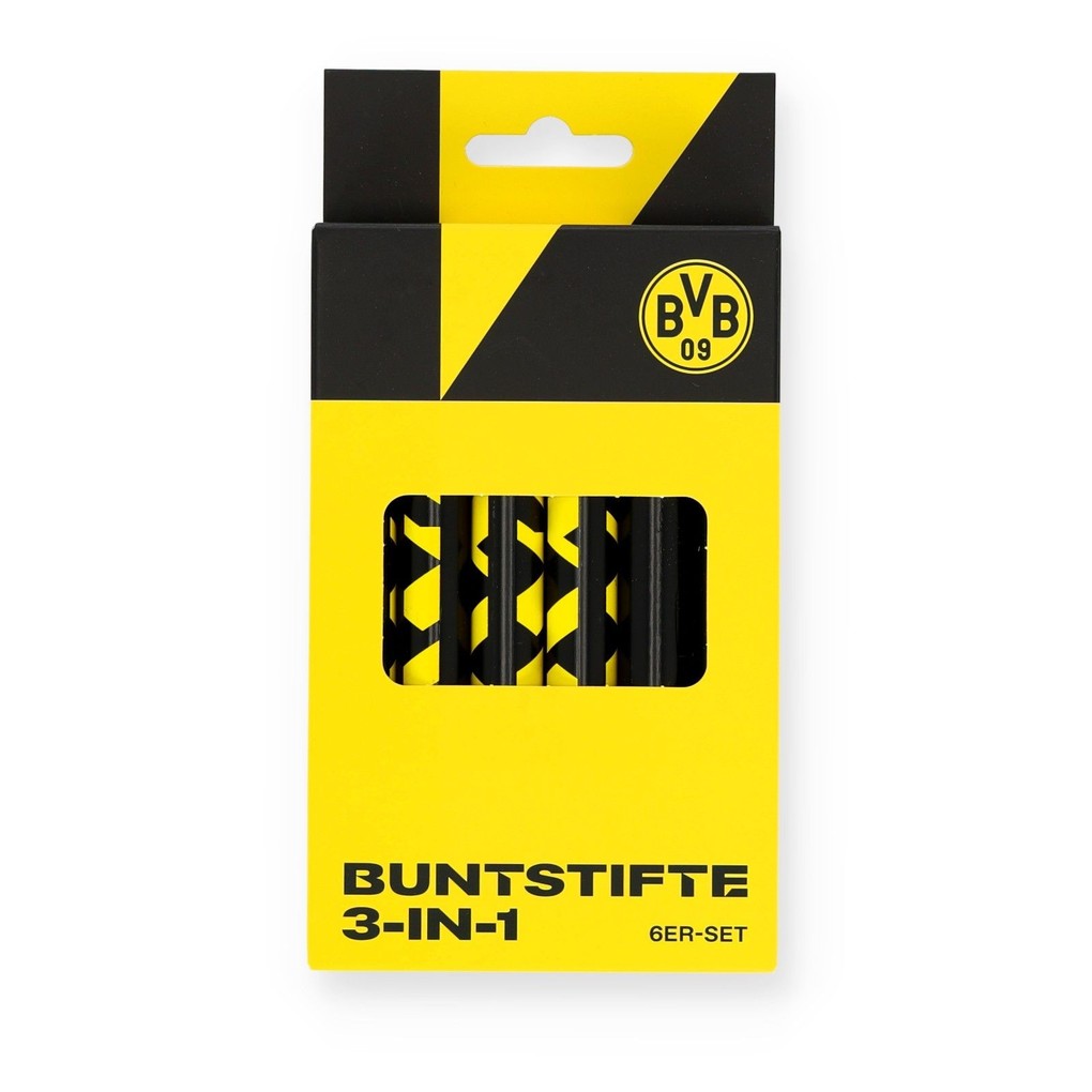 Produktbild: BVB Borussia Dortmund 3-in-1 Buntstifte/Wachsmaler 6er Set mit Anspitzer