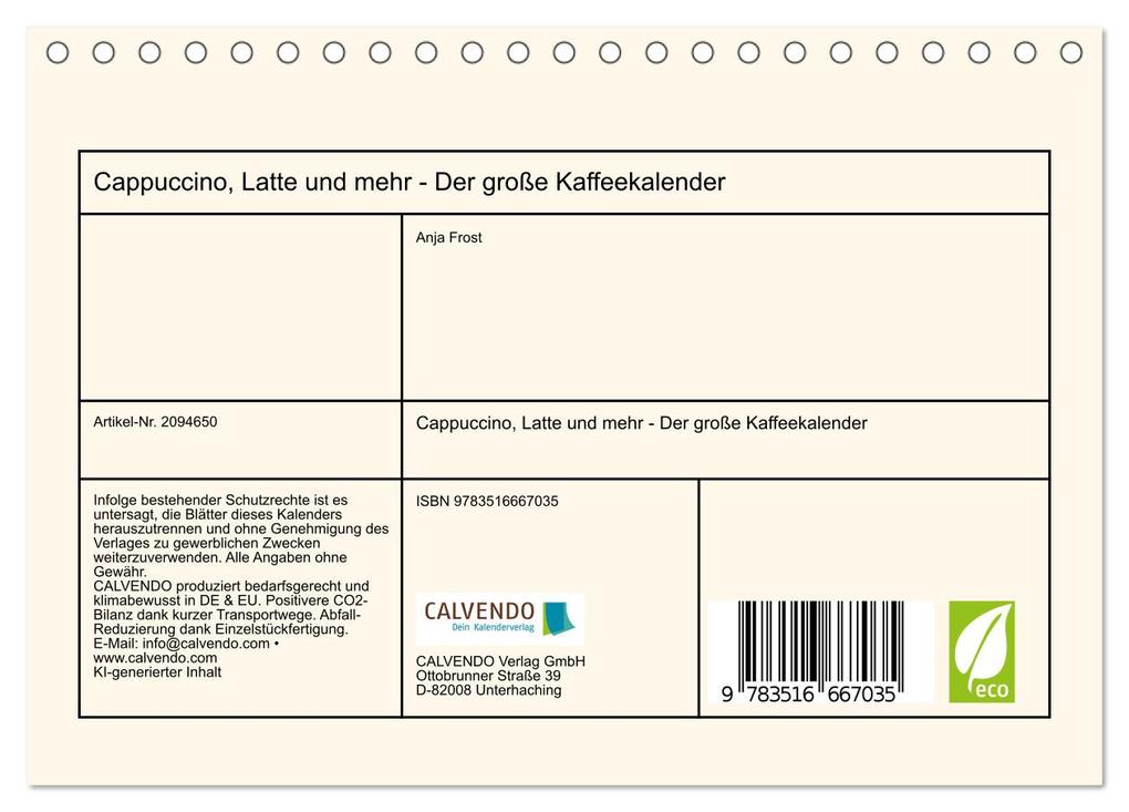 Weitere Ansicht: Cappuccino, Latte und mehr - Der große Kaffeekalender (Tischkalender 2026 DIN A5 quer), CALVENDO Monatskalender | Anja Frost, Calvendo