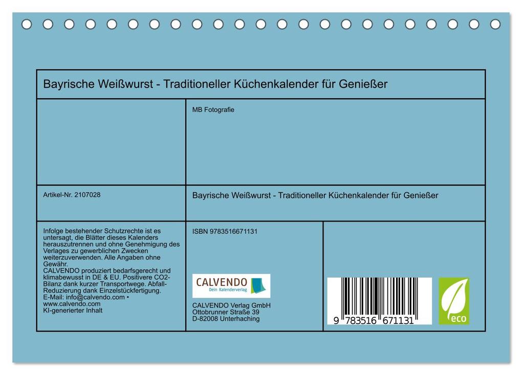 Weitere Ansicht: Bayrische Weißwurst - Traditioneller Küchenkalender für Genießer (Tischkalender 2026 DIN A5 quer), CALVENDO Monatskalender | MB Fotografie, Calvendo
