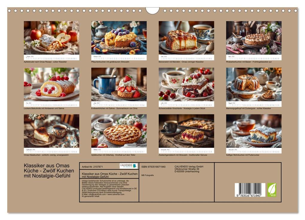 Weitere Ansicht: Klassiker aus Omas Küche - Zwölf Kuchen mit Nostalgie-Gefühl (Wandkalender 2026 DIN A3 quer), CALVENDO Monatskalender | MB Fotografie, Calvendo