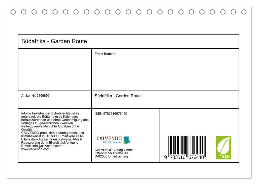 Weitere Ansicht: Südafrika - Garden Route (Tischkalender 2026 DIN A5 quer), CALVENDO Monatskalender | Frank Budenz, Calvendo