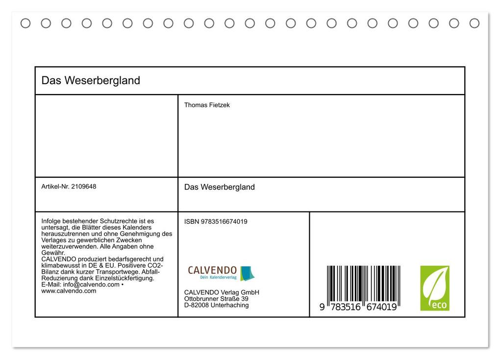 Weitere Ansicht: Das Weserbergland (Tischkalender 2026 DIN A5 quer), CALVENDO Monatskalender | Thomas Fietzek, Calvendo