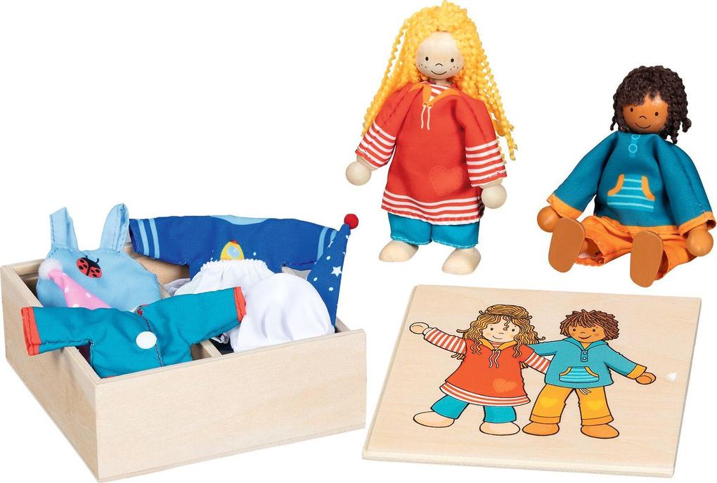 Produktbild: Biegepuppen Fynja & Fabio, Klamottenkiste, 6 Outfits