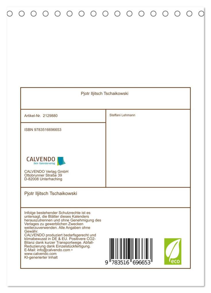 Weitere Ansicht: Pjotr Iljitsch Tschaikowski (Tischkalender 2026 DIN A5 hoch), CALVENDO Monatskalender | Steffani Lehmann, Calvendo