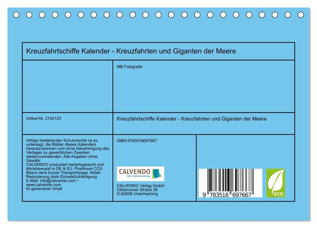 Weitere Ansicht: Kreuzfahrtschiffe Kalender - Kreuzfahrten und Giganten der Meere (Tischkalender 2026 DIN A5 quer), CALVENDO Monatskalender | MB Fotografie, Calvendo
